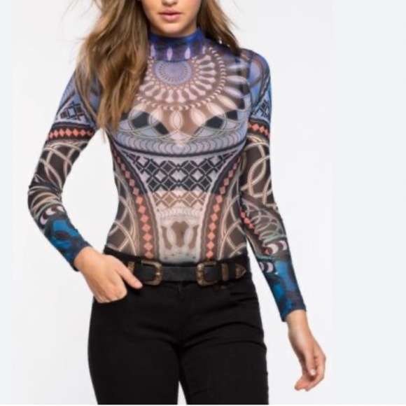NYLON APPAREL Sheer Graphic Snap Long-sleeve Turtleneck Bodysuit Sz S - Picture 1 of 3